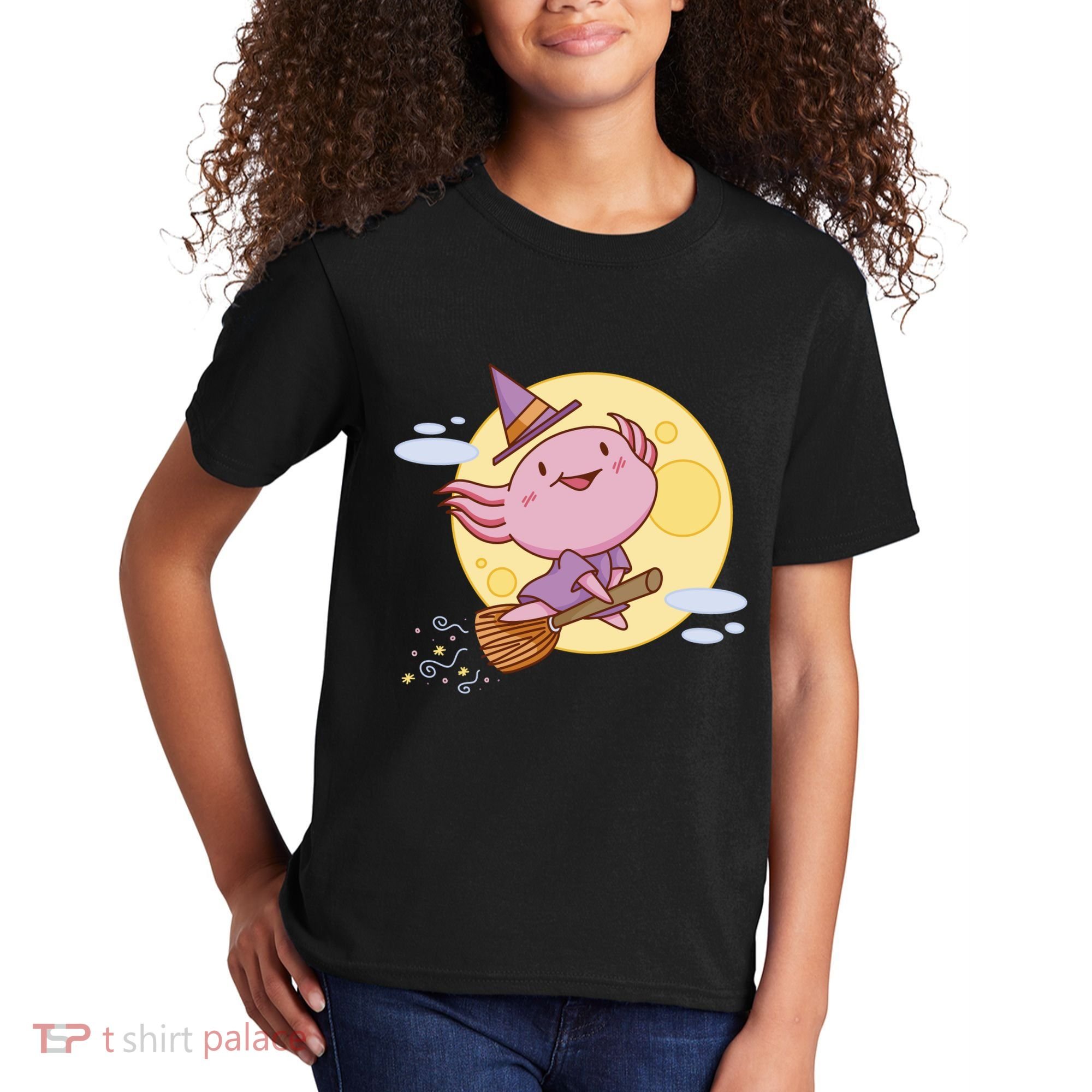 Axolotl Halloween Flying Witch Kids T-Shirt