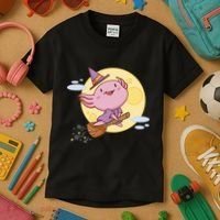 Axolotl Halloween Flying Witch Kids T-Shirt thumb 3