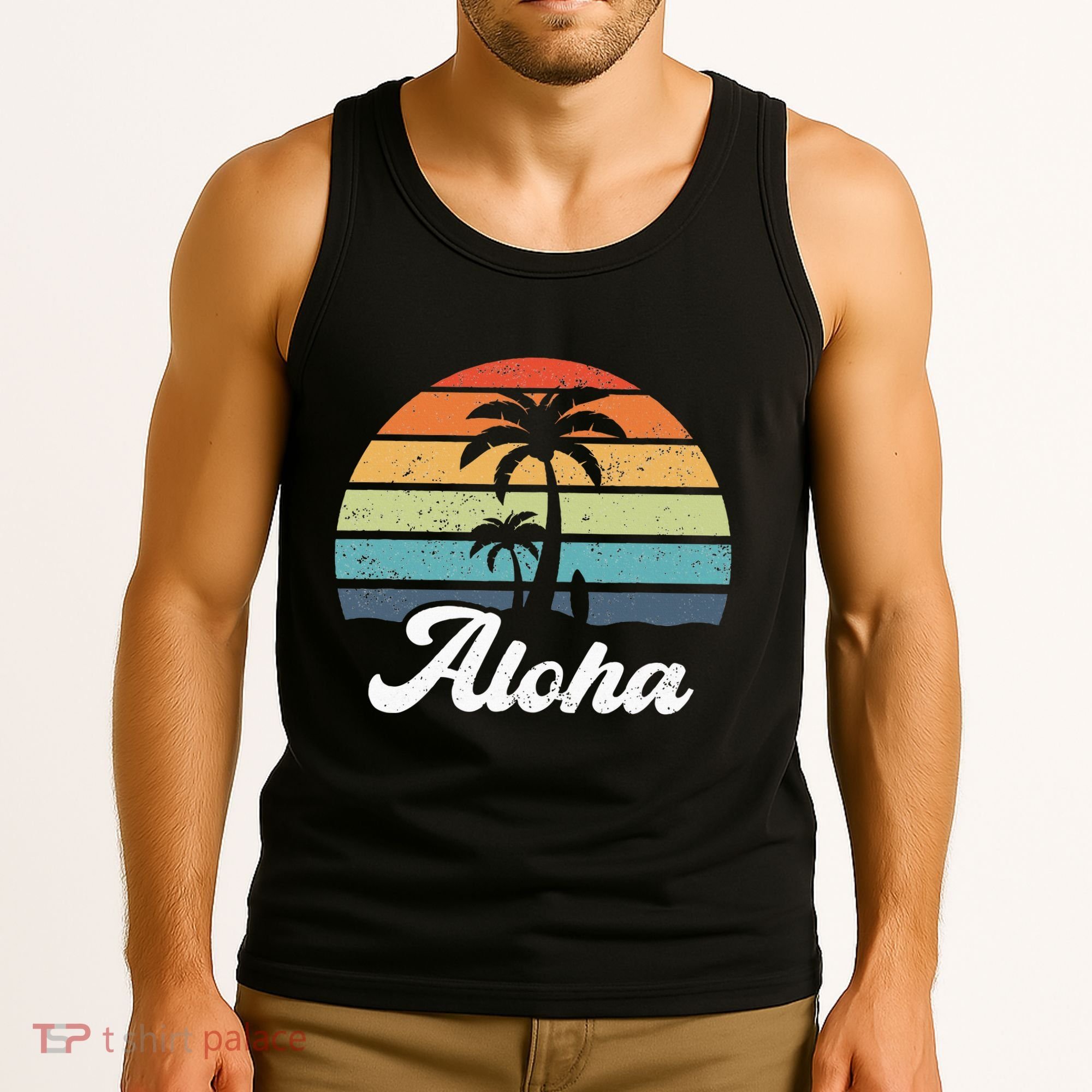 Aloha Hawaii Hawaiian Island Palm Beach Surfboard Surf Tank Top