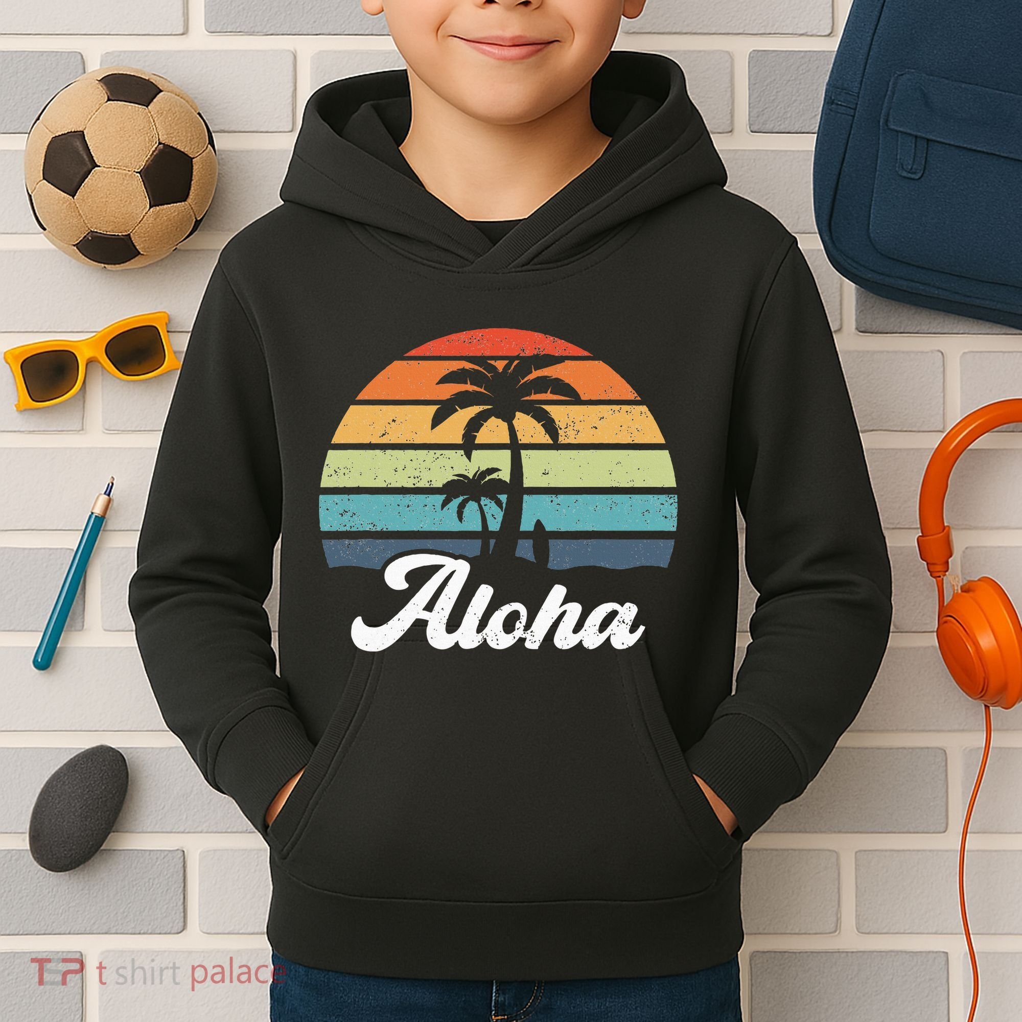 Aloha Hawaii Hawaiian Island Palm Beach Surfboard Surf Kids Hoodie