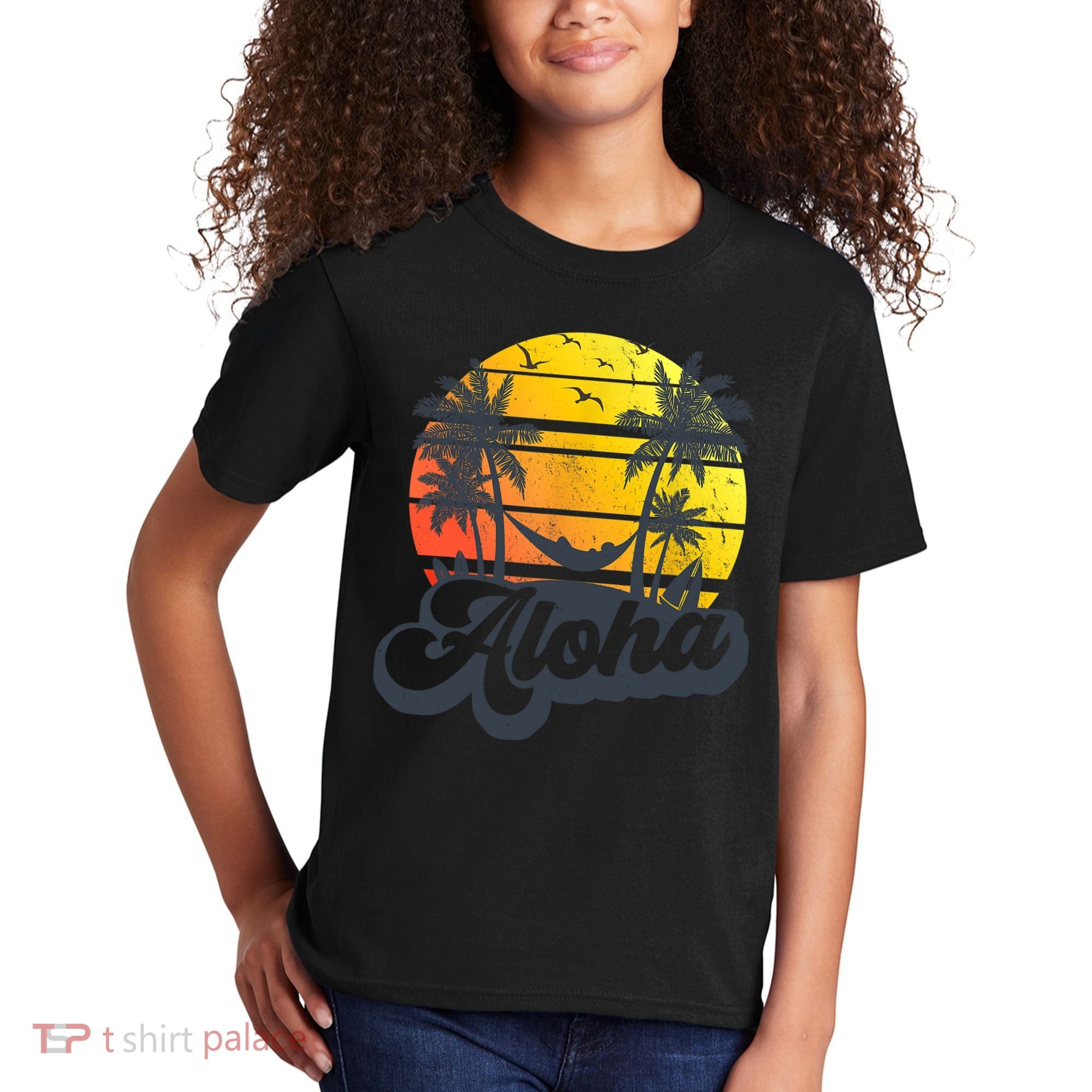 Aloha Hawaii Hawaiian Island Palm Trees Beach Vacation Kids T-Shirt