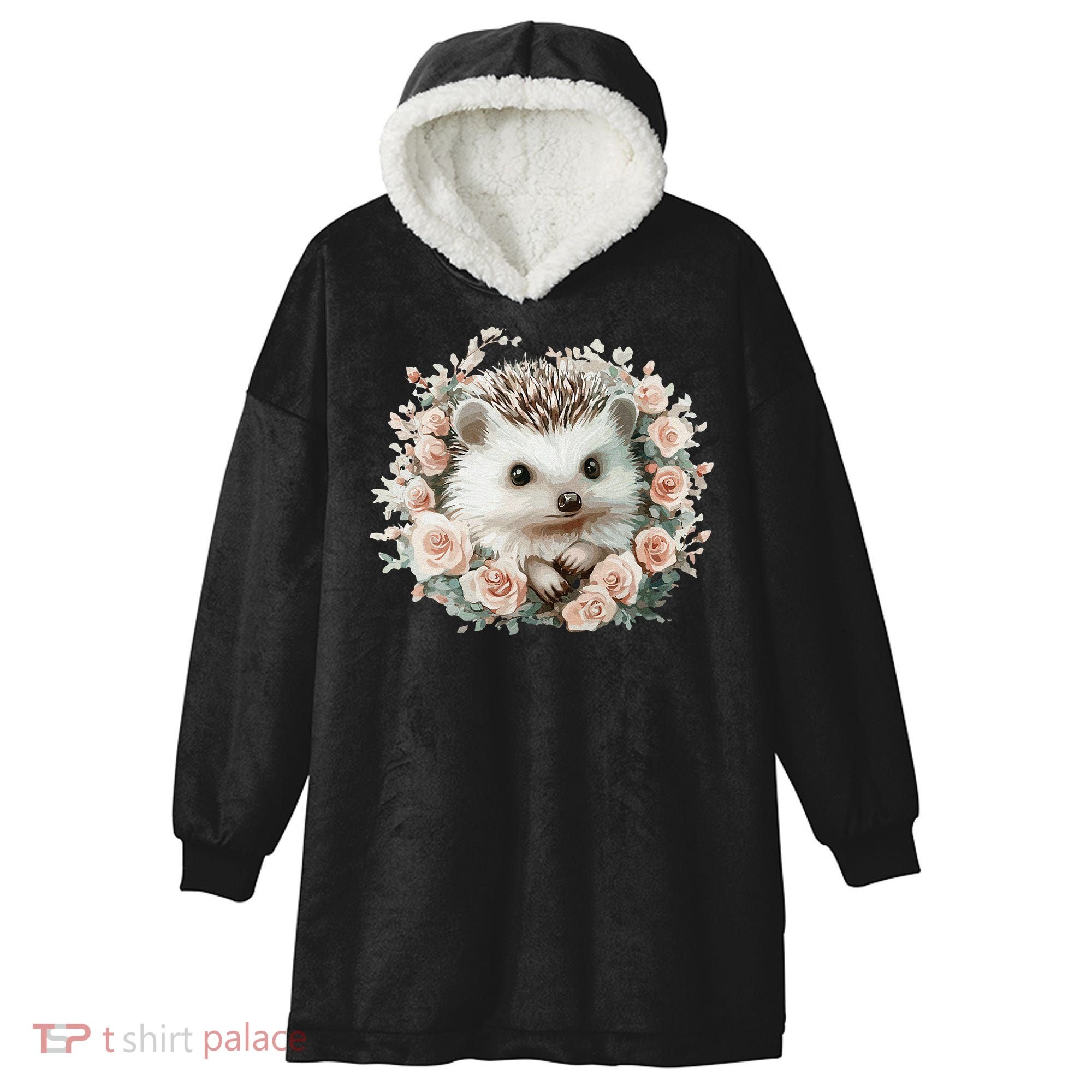 Adorable Hedgehog In Floral Frame Hooded Wearable Blanket