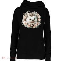 Adorable Hedgehog In Floral Frame Womens Funnel Neck Pullover Hood thumb 0