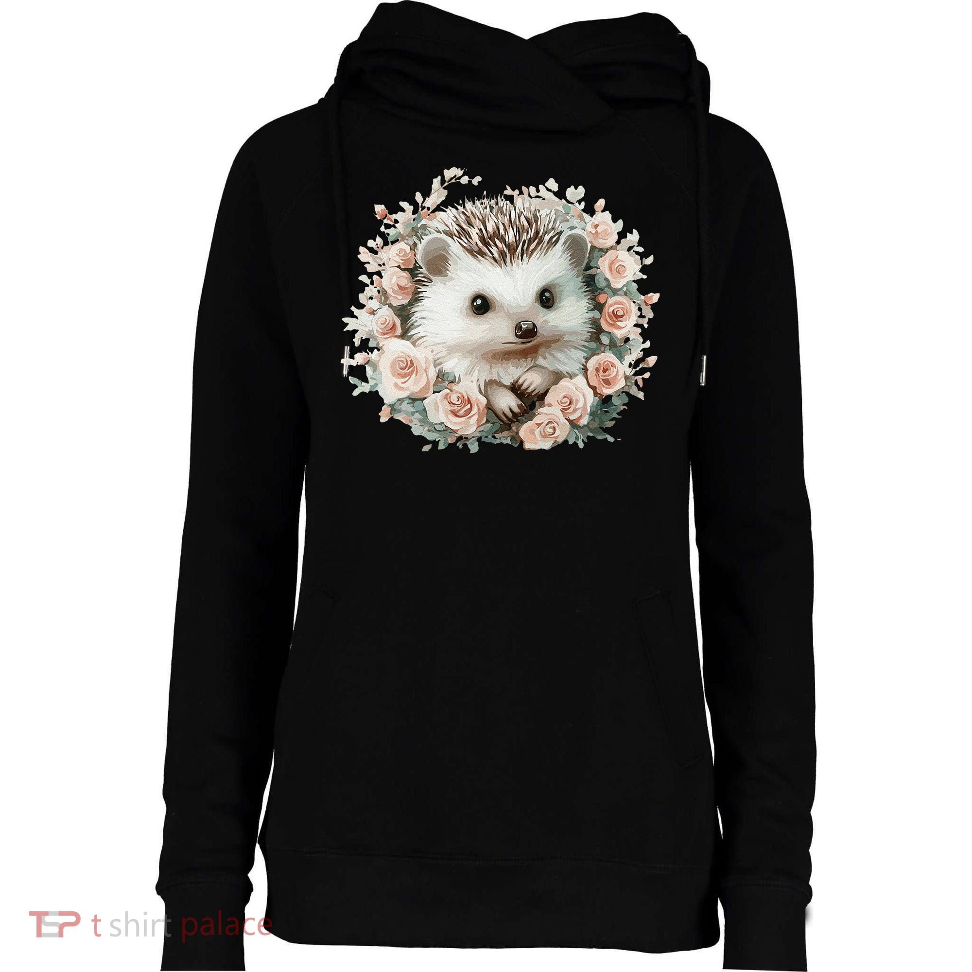 Adorable Hedgehog In Floral Frame Womens Funnel Neck Pullover Hood