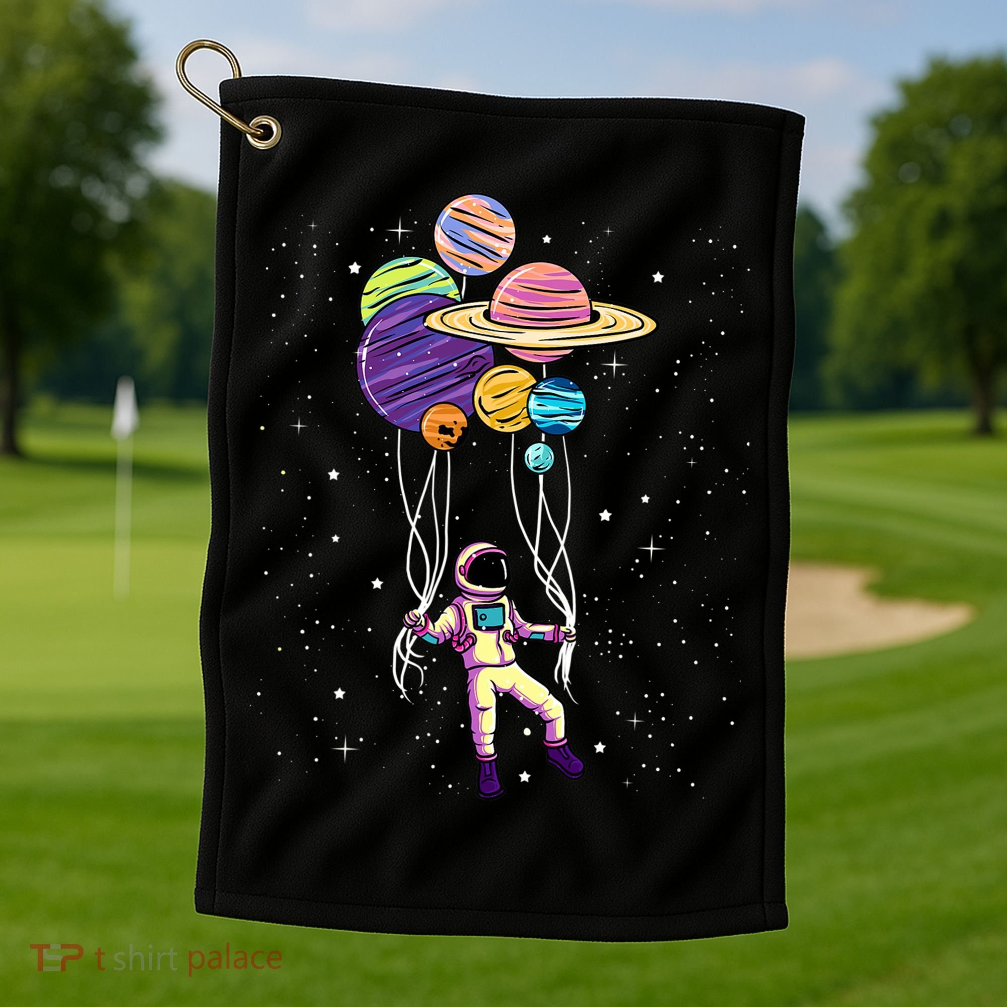 Astronaut Holding Planet Balloons STEM Kids Golf Towel