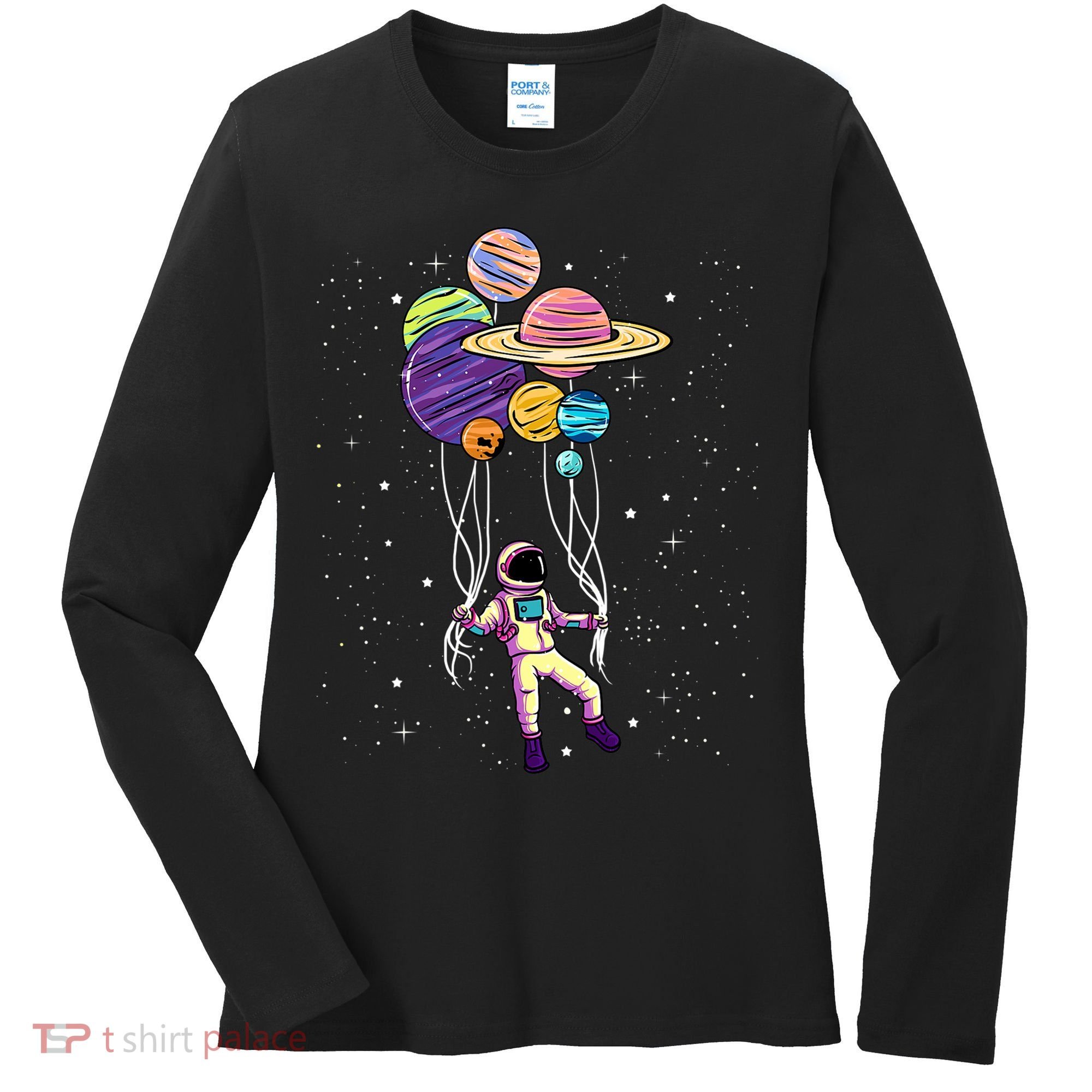 Astronaut Holding Planet Balloons STEM Kids Women's Long Sleeve Shirt
