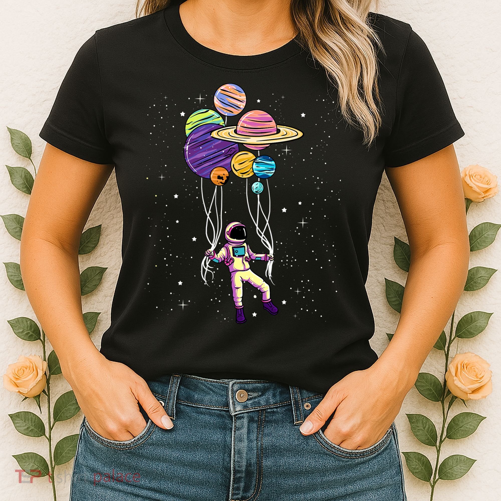 Astronaut Holding Planet Balloons STEM Kids Women's T-Shirt