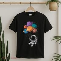 Astronaut Holding Planet Balloons Floating In Space T-Shirt thumb 2