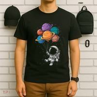 Astronaut Holding Planet Balloons Floating In Space T-Shirt thumb 6