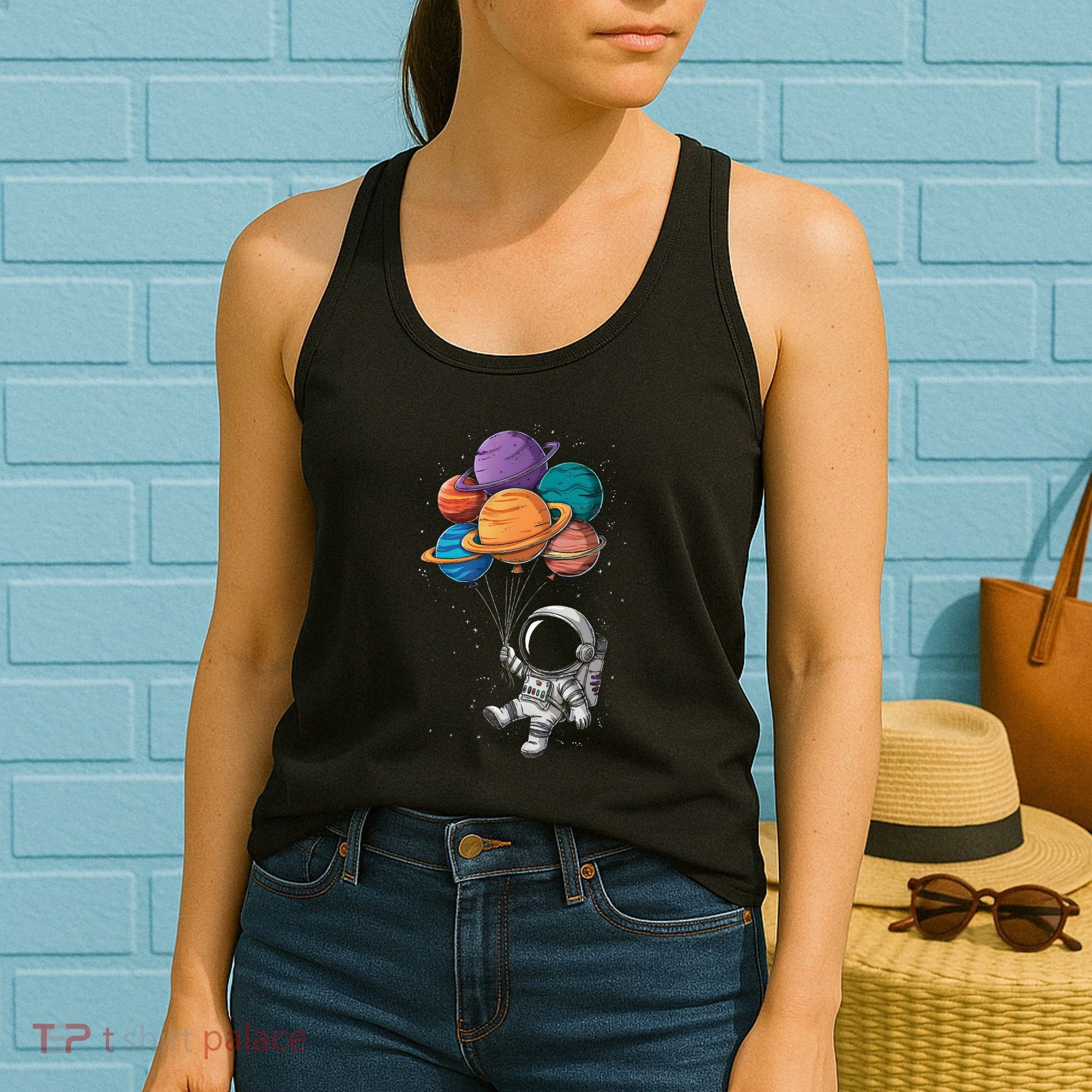 Astronaut Holding Planet Balloons Floating In Space Women's Tank Top