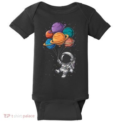 Astronaut Holding Planet Balloons Floating In Space Baby Bodysuit