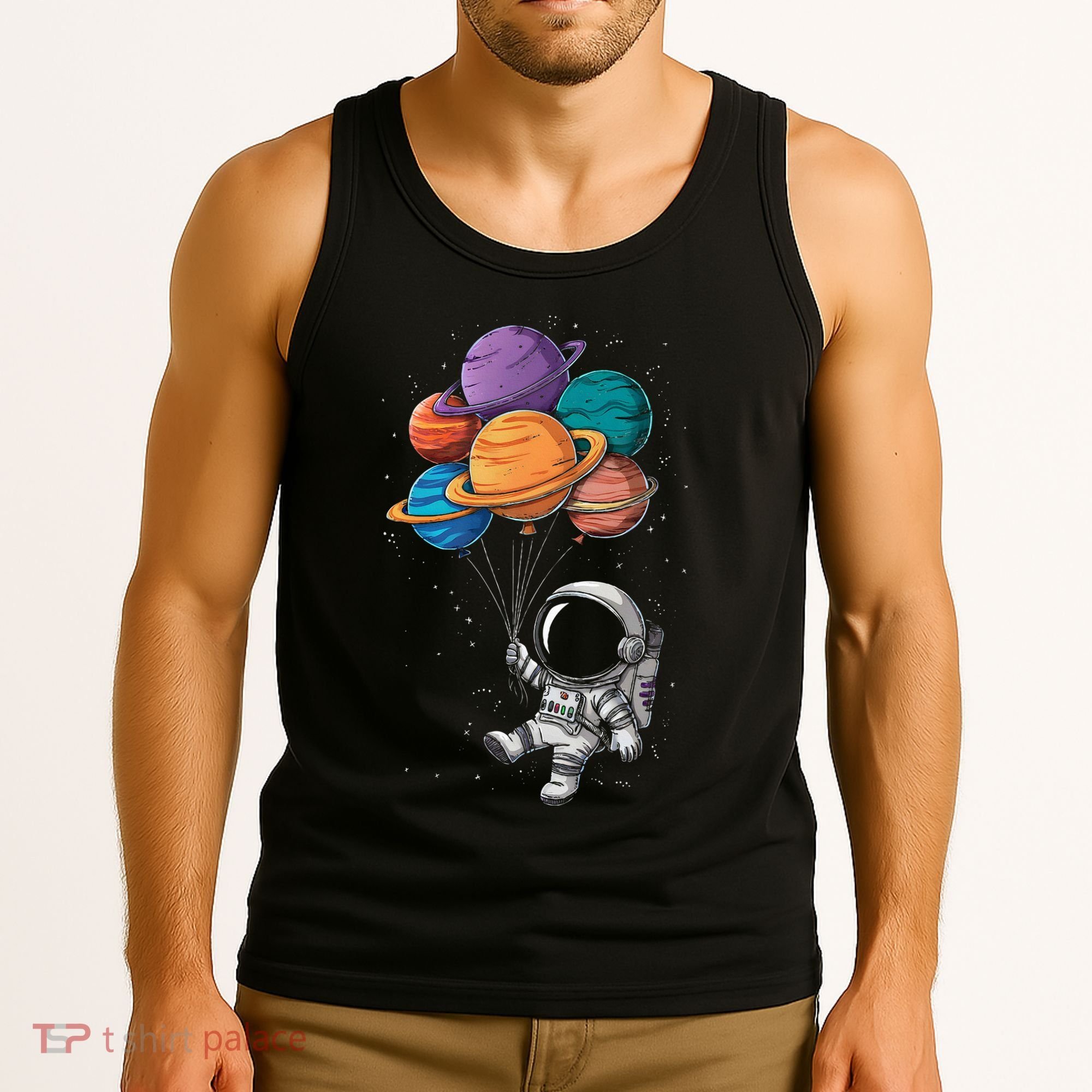 Astronaut Holding Planet Balloons Floating In Space Tank Top