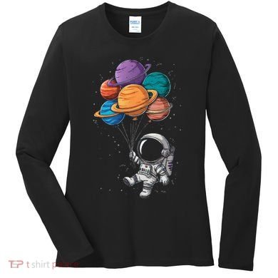 Astronaut Holding Planet Balloons Floating In Space Women's Long Sleeve Shirt