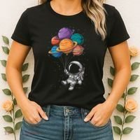 Astronaut Holding Planet Balloons Floating In Space Women's T-Shirt thumb 2