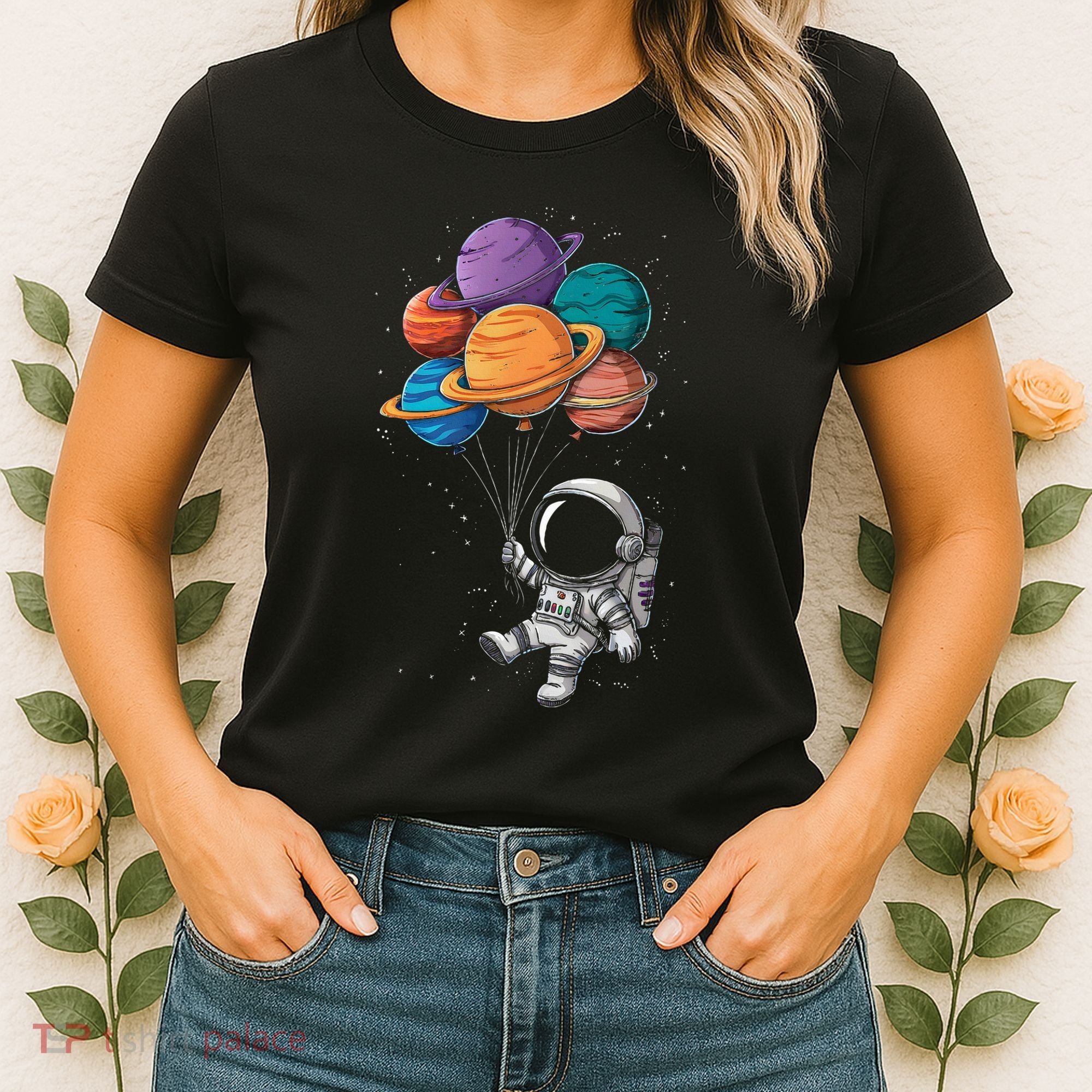 Astronaut Holding Planet Balloons Floating In Space Women's T-Shirt