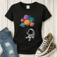Astronaut Holding Planet Balloons Floating In Space Women's T-Shirt thumb 3