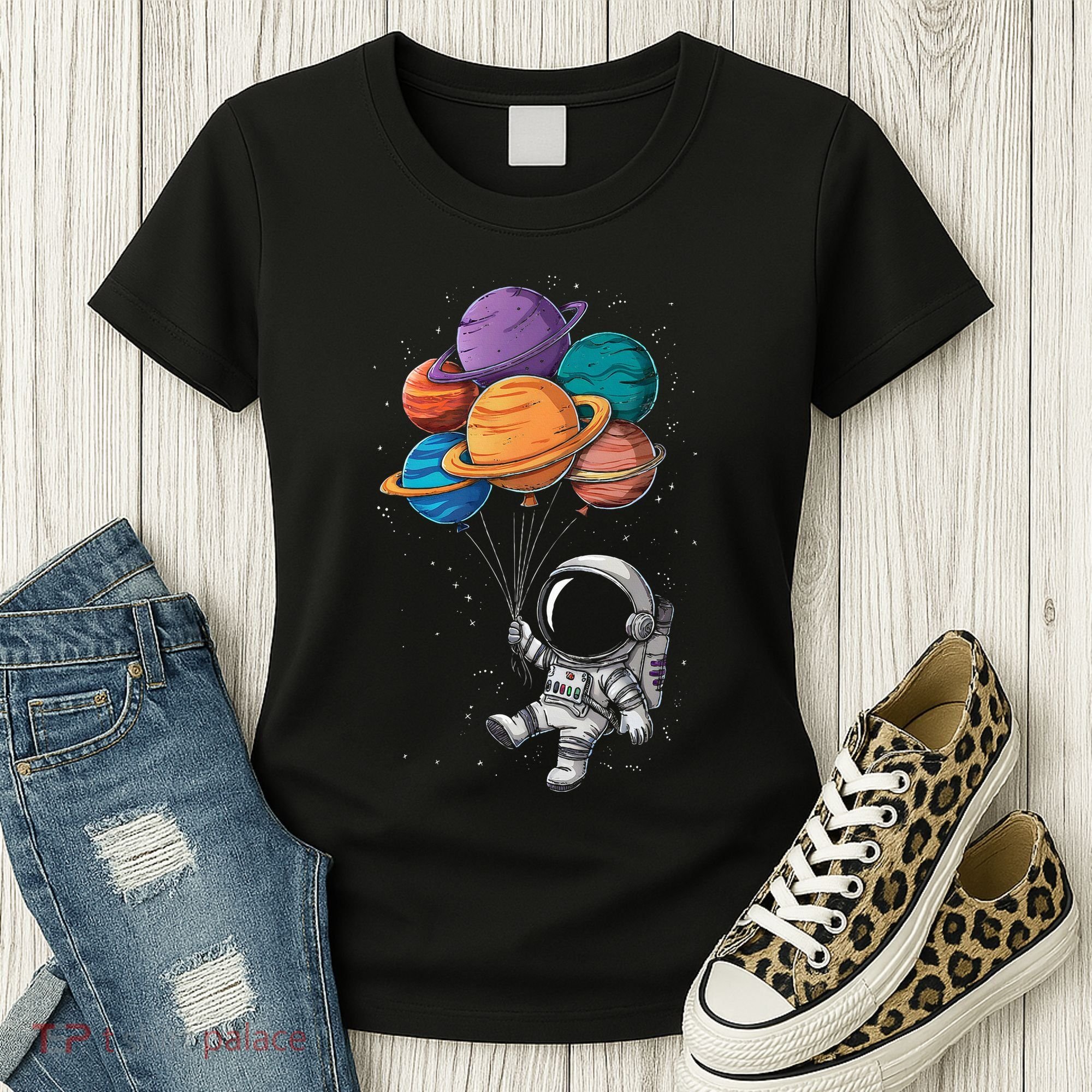 Astronaut Holding Planet Balloons Floating In Space Women's T-Shirt