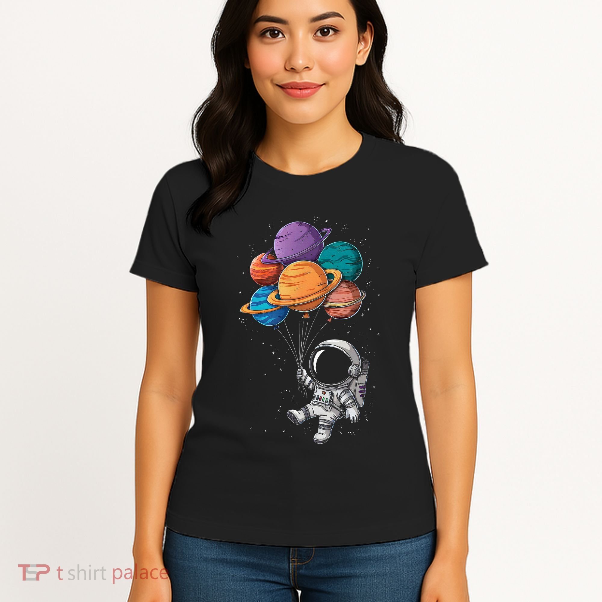 Astronaut Holding Planet Balloons Floating In Space Women's T-Shirt