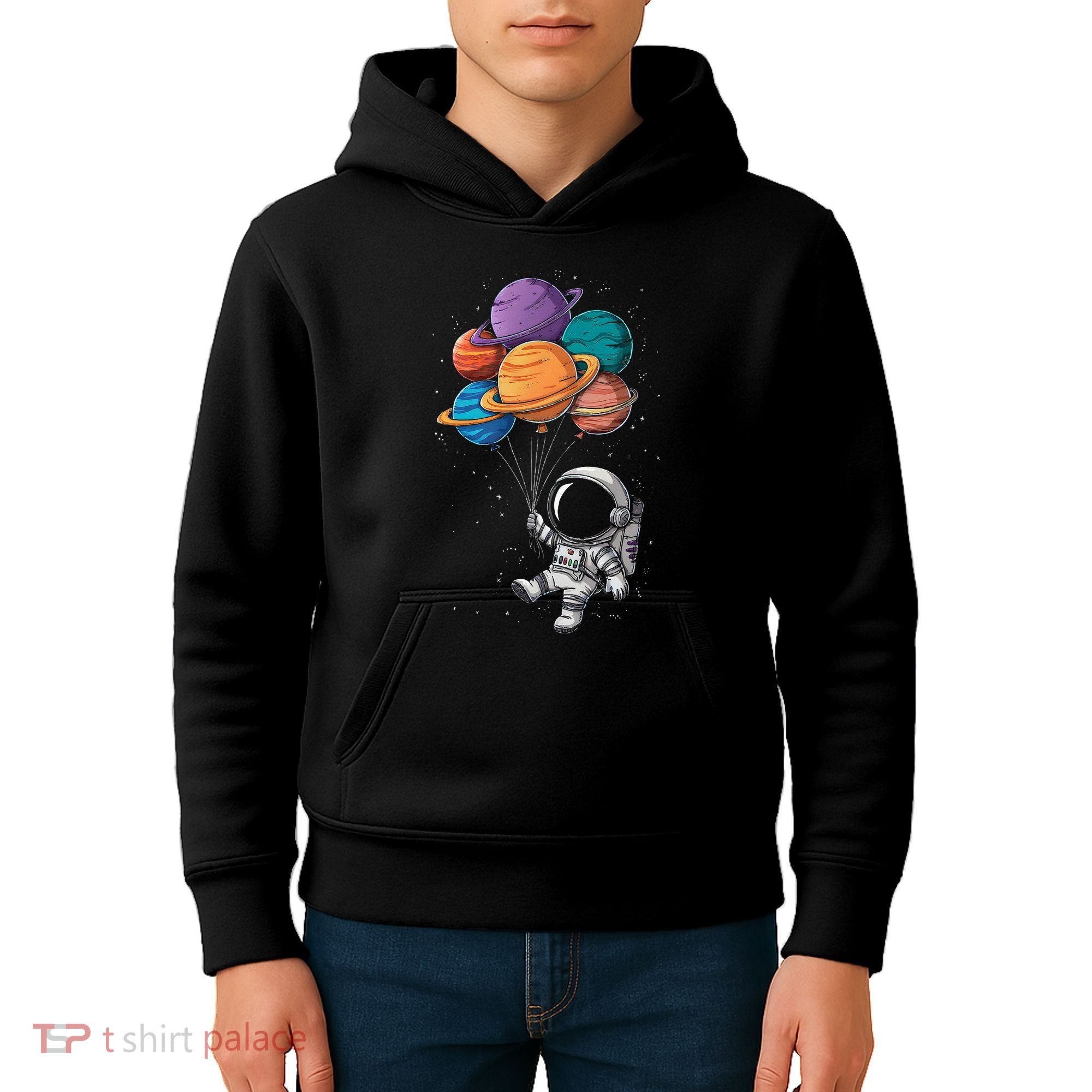 Astronaut Holding Planet Balloons Floating In Space Kids Hoodie
