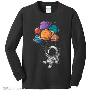 Astronaut Holding Planet Balloons Floating In Space Kids Long Sleeve Shirt
