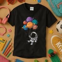 Astronaut Holding Planet Balloons Floating In Space Kids T-Shirt thumb 3