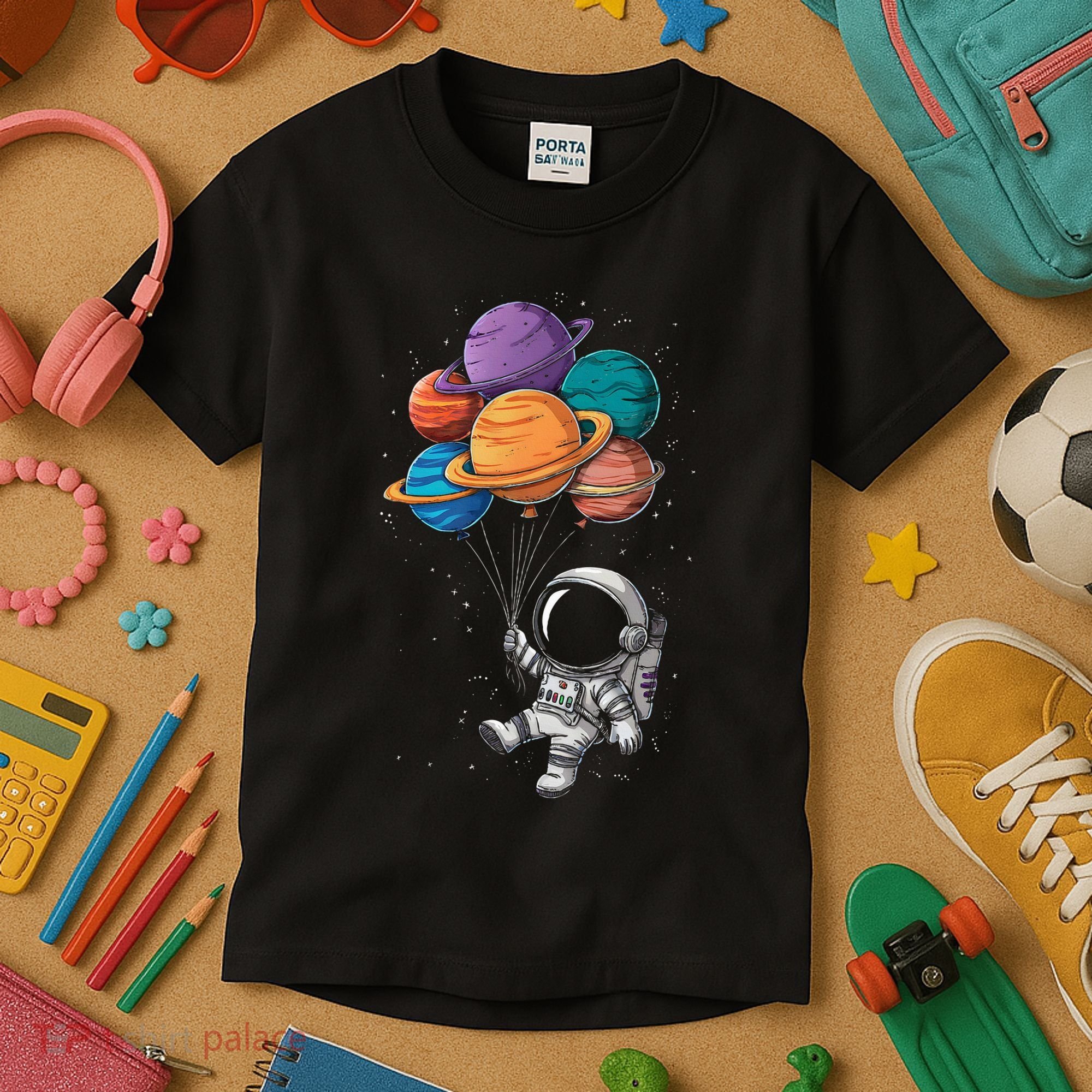 Astronaut Holding Planet Balloons Floating In Space Kids T-Shirt