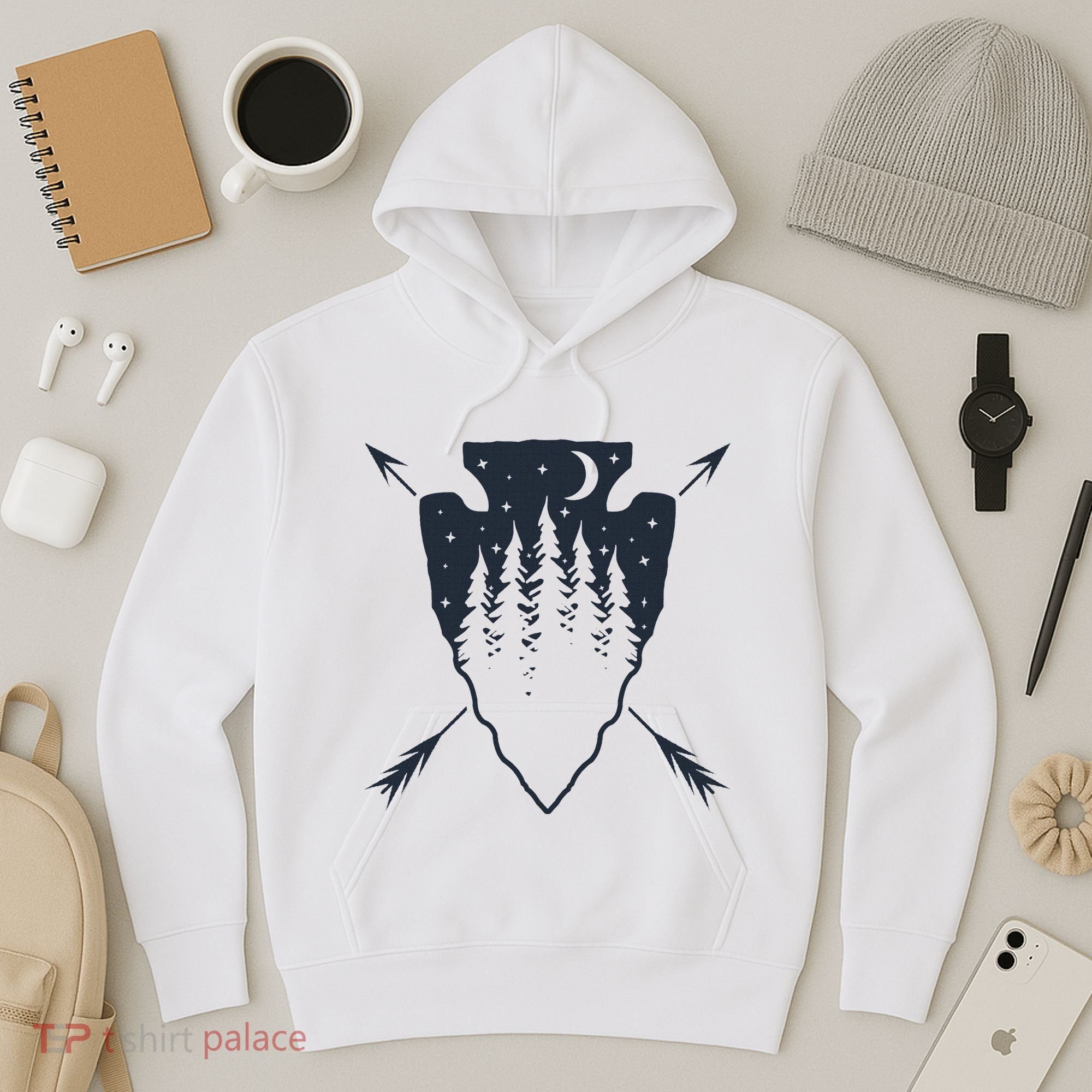 Arrowhead Hunting Pine Tree Moon Scenery Arrowhead Hunter Hoodie