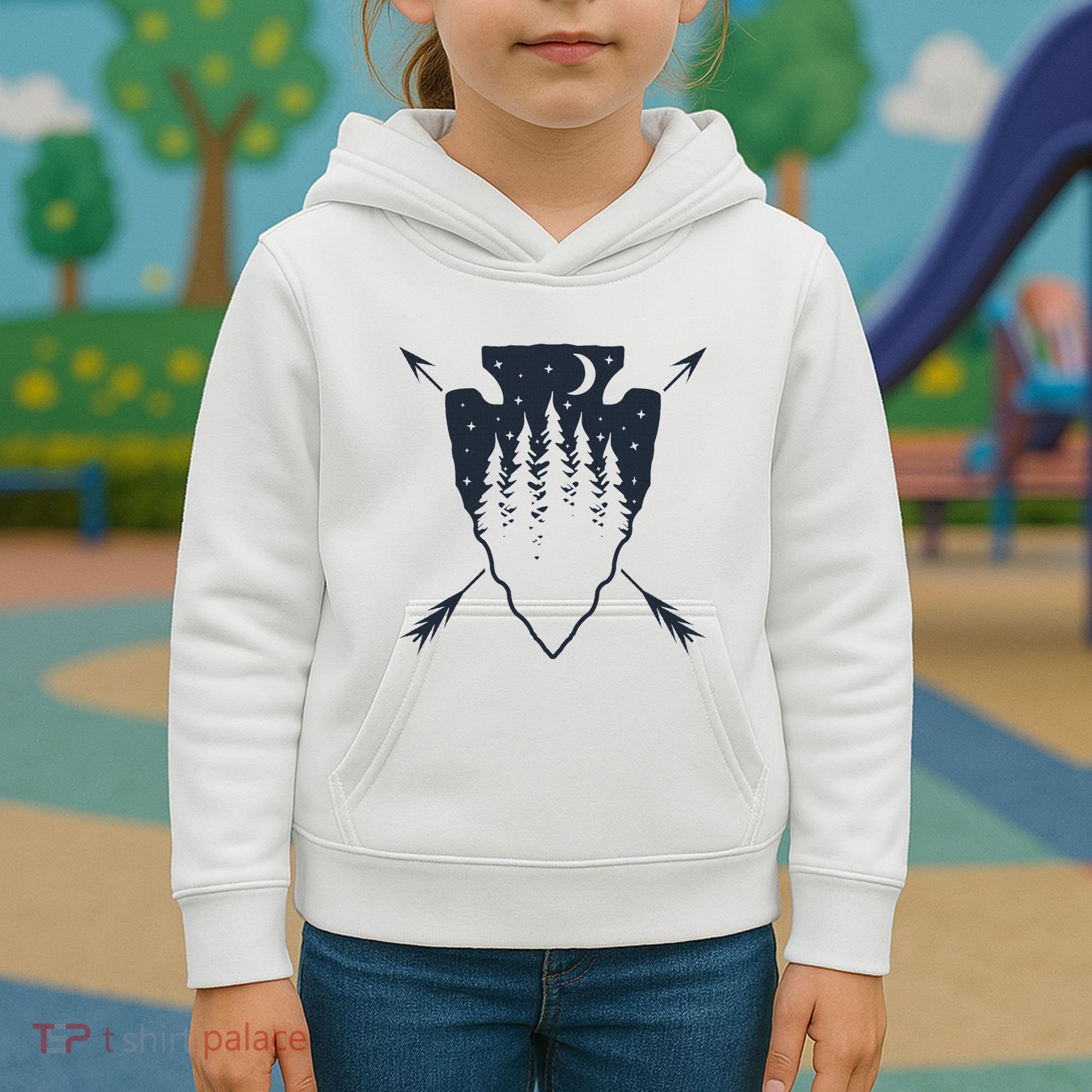 Arrowhead Hunting Pine Tree Moon Scenery Arrowhead Hunter Kids Hoodie