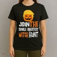 Anti-Trump Halloween Pumpkin Join Single Greatest Witch Hunt T-Shirt thumb 4