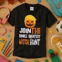 Anti-Trump Halloween Pumpkin Join Single Greatest Witch Hunt Kids T-Shirt thumb 3