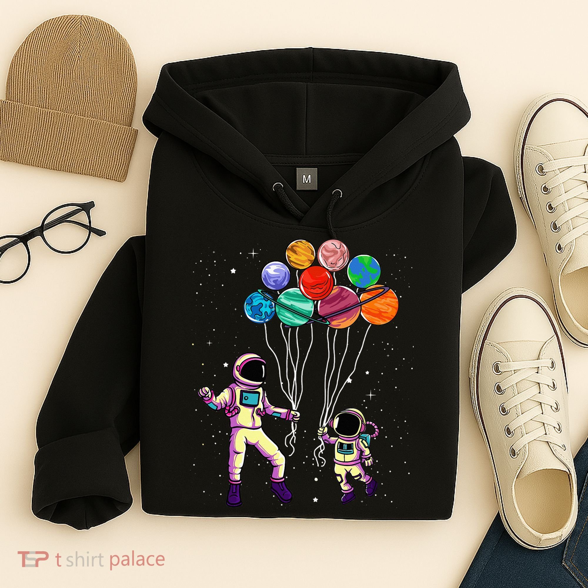 Astronaut Holding Planet Balloons STEM place Hoodie