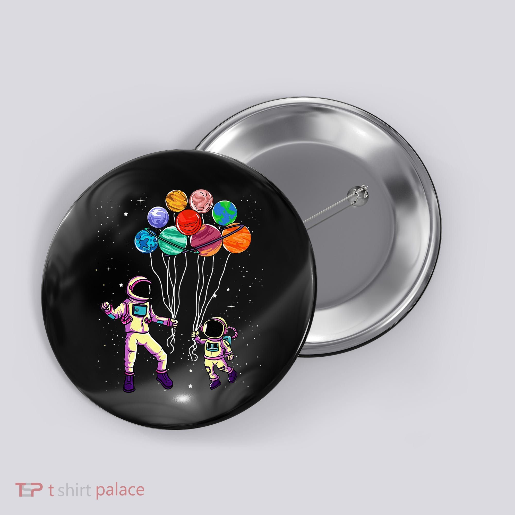 Astronaut Holding Planet Balloons STEM place Button