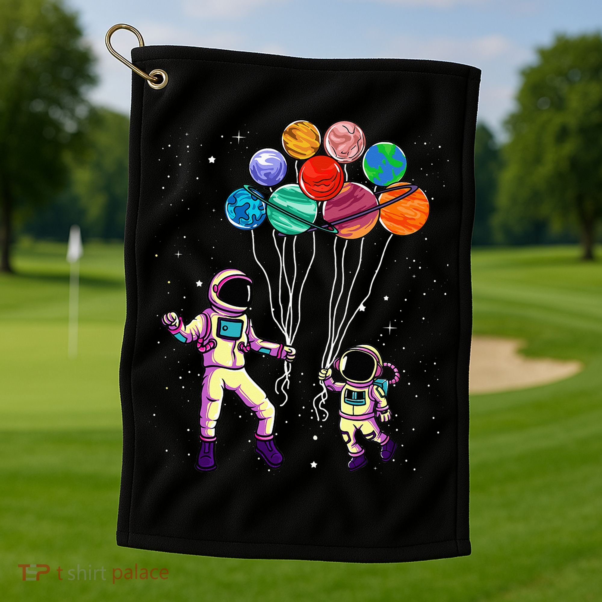Astronaut Holding Planet Balloons STEM place Golf Towel