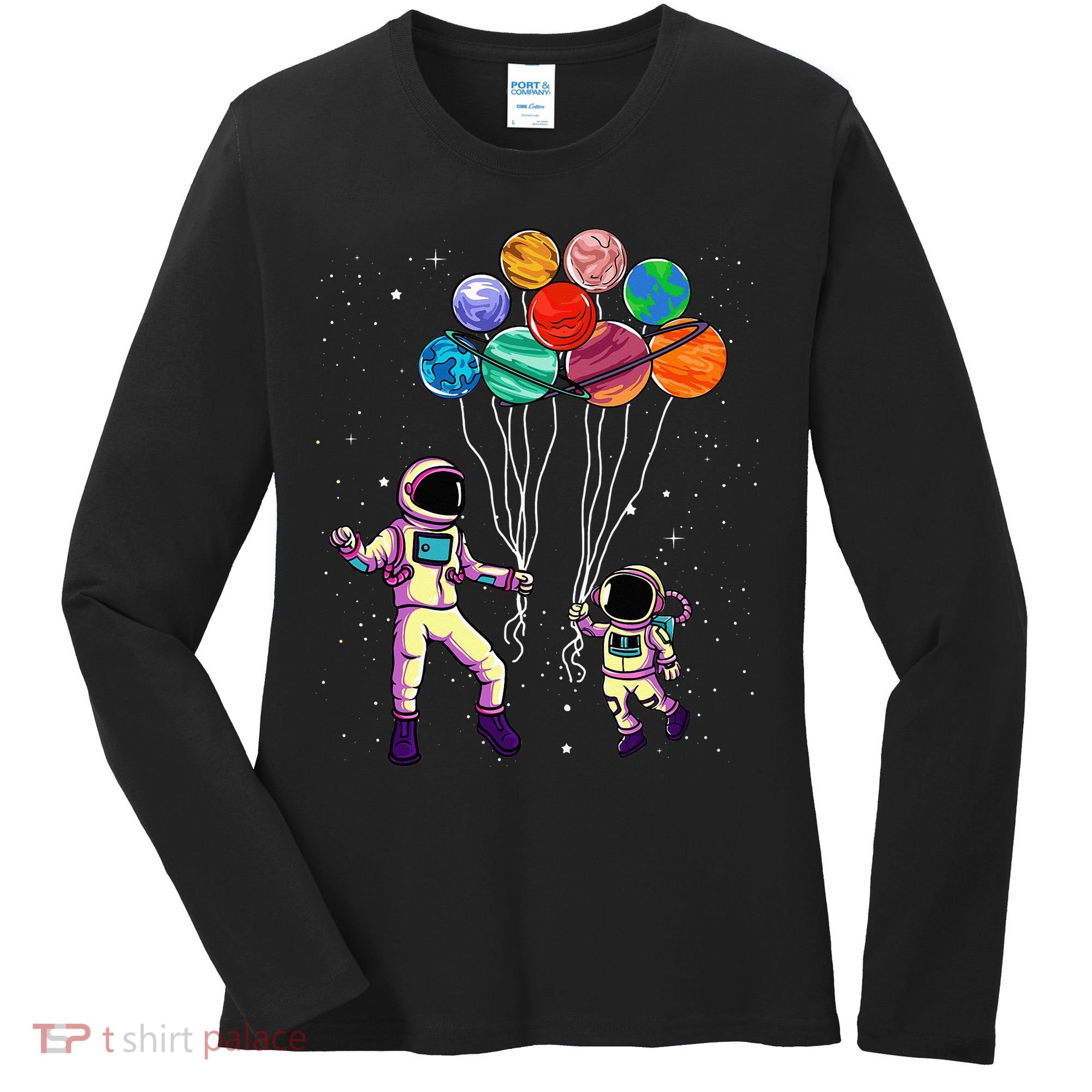 Astronaut Holding Planet Balloons STEM place Women's Long Sleeve Shirt