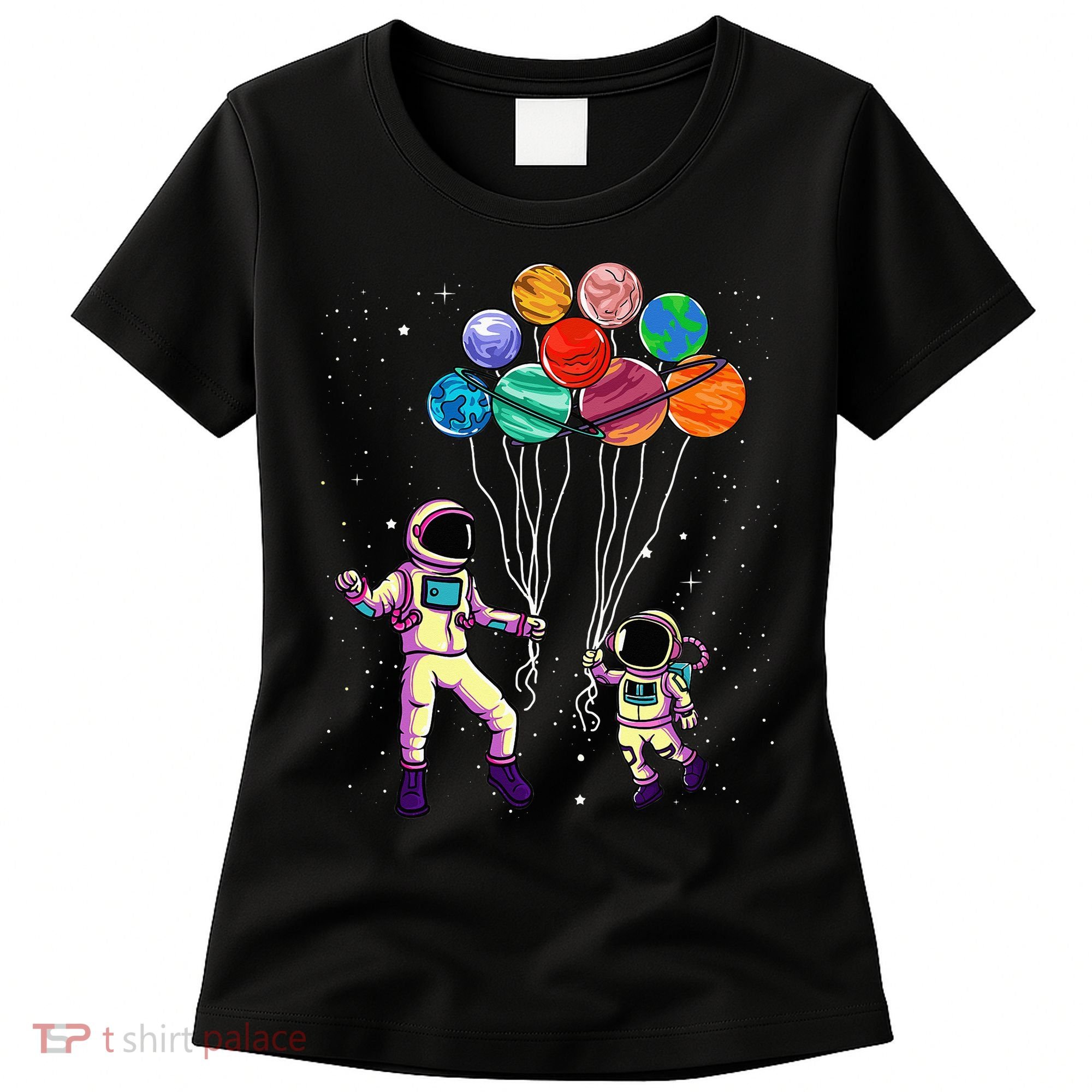 Astronaut Holding Planet Balloons STEM place Women's T-Shirt