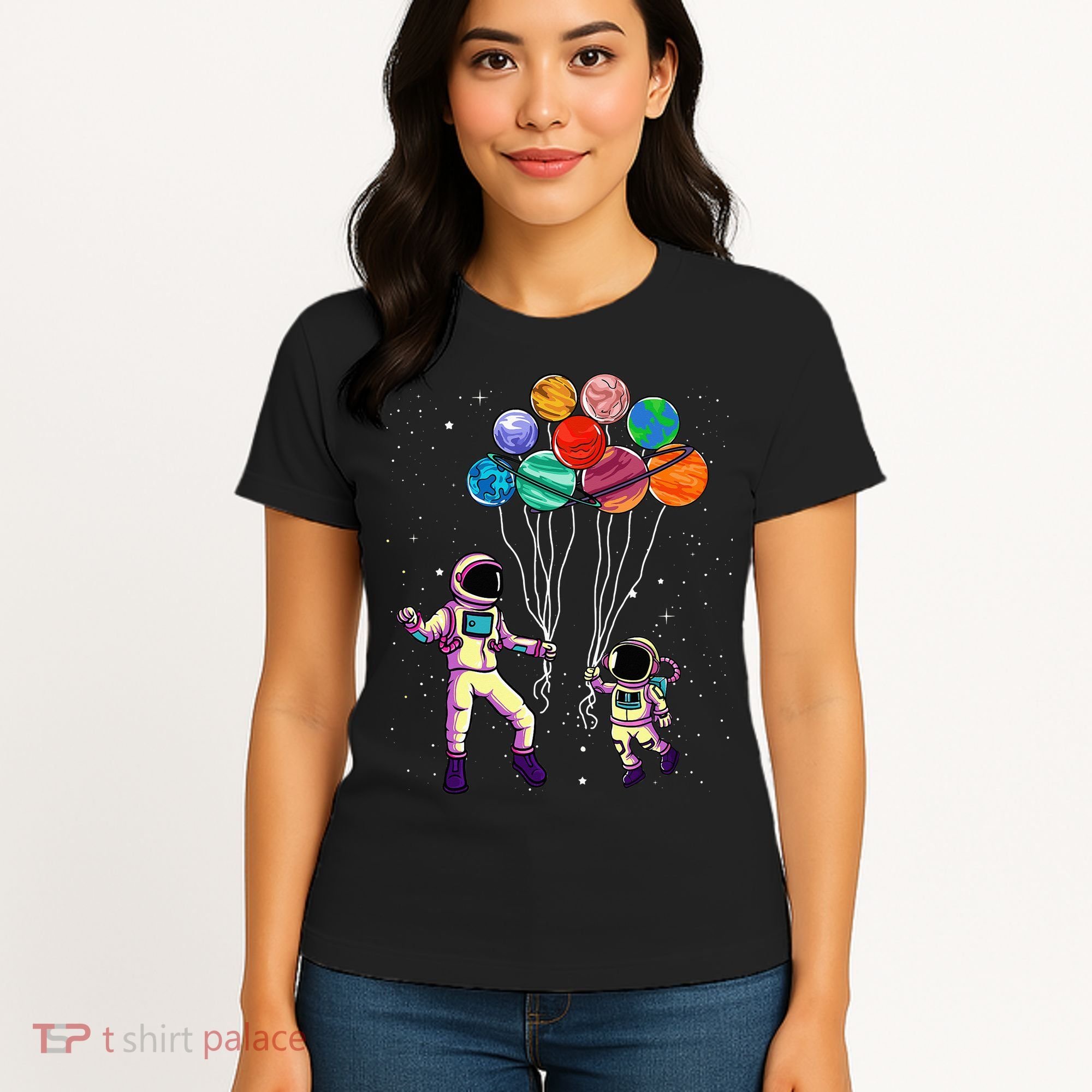 Astronaut Holding Planet Balloons STEM place Women's T-Shirt
