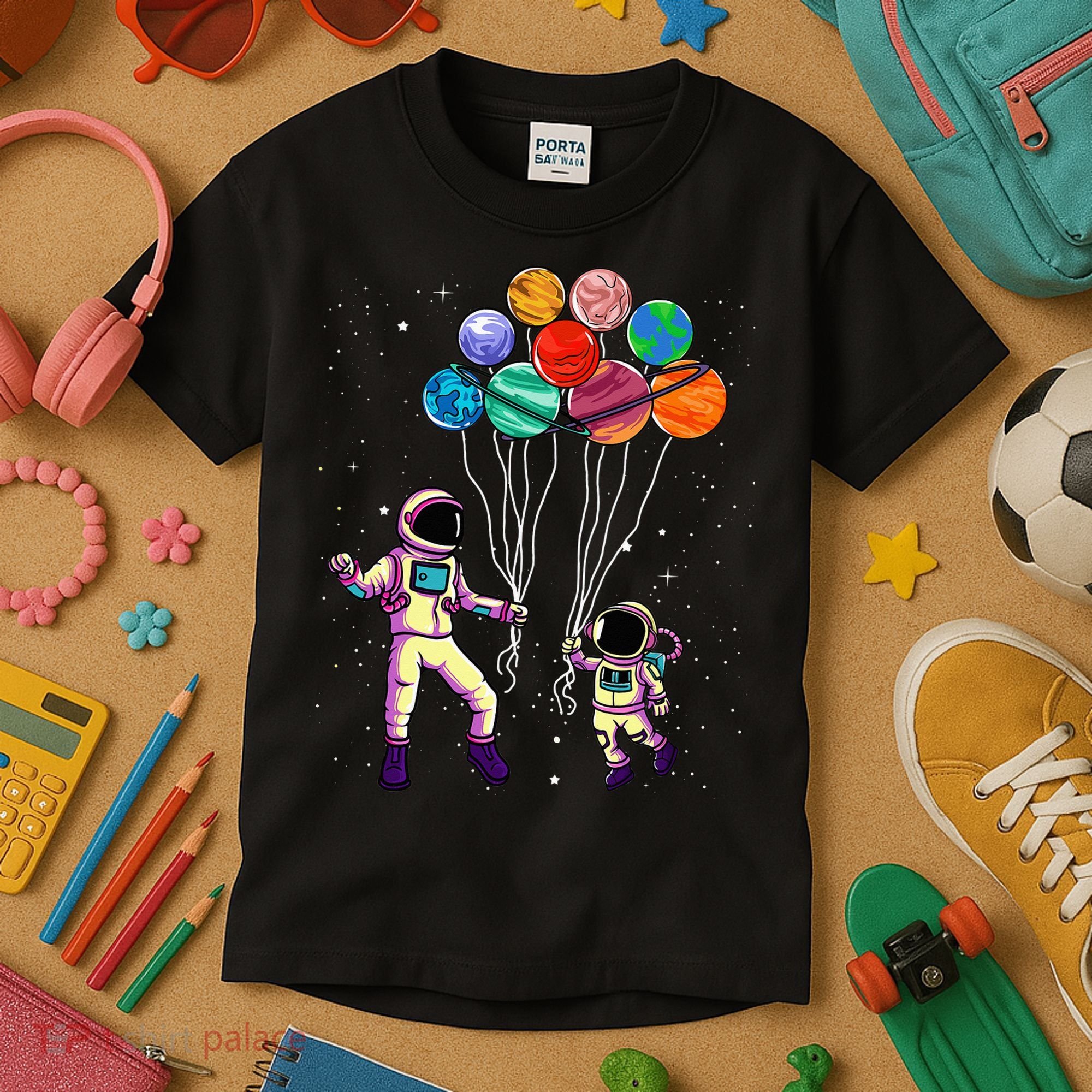 Astronaut Holding Planet Balloons STEM place Kids T-Shirt