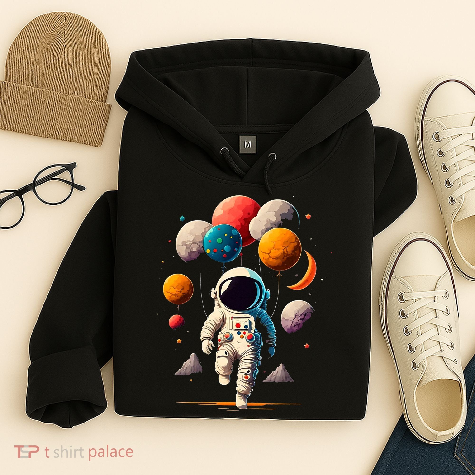 Astronaut holding Planet Balloons Solar System space Hoodie