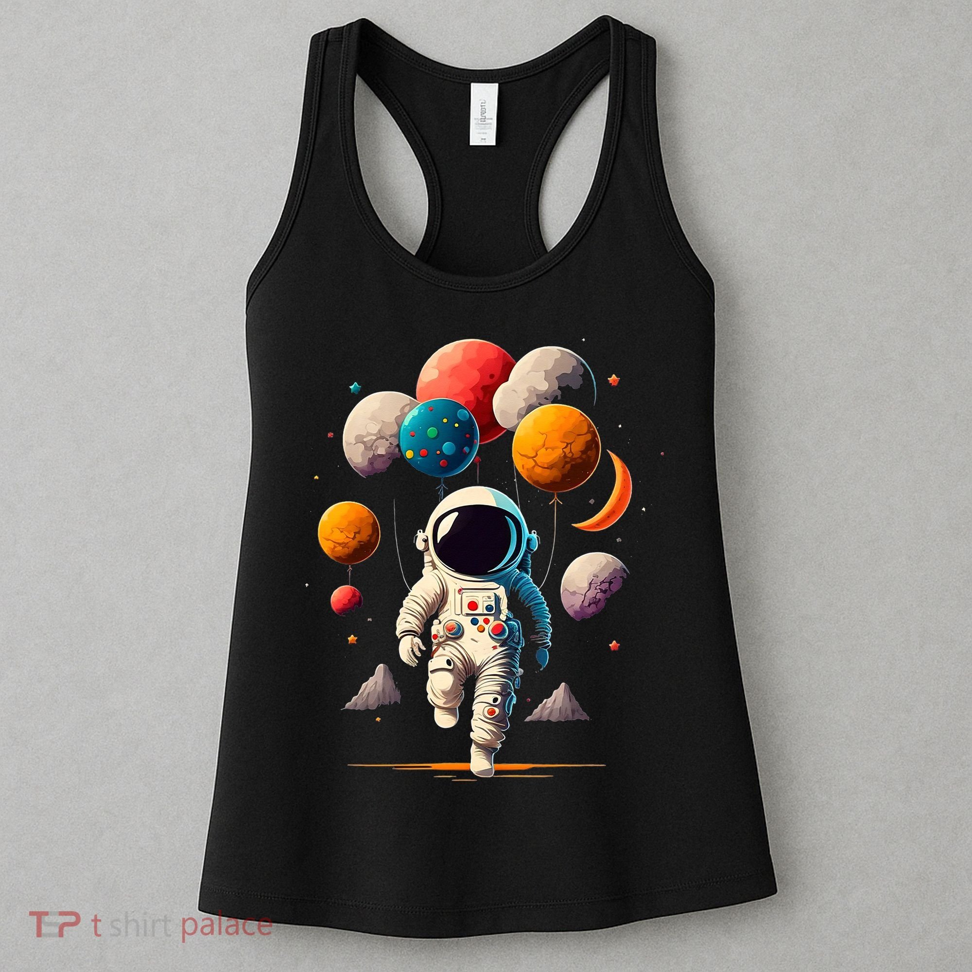 Astronaut holding Planet Balloons Solar System space Women's Tank Top