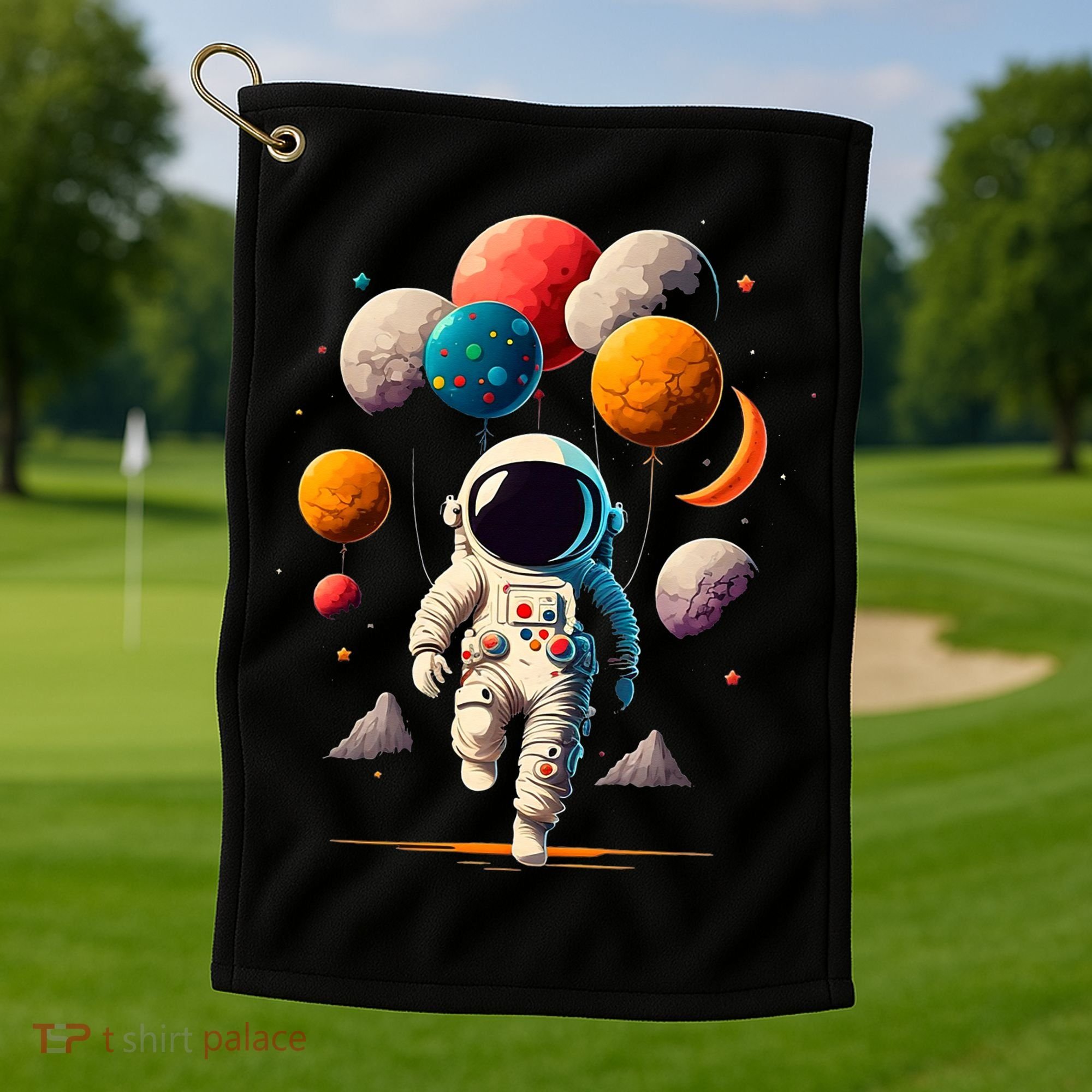 Astronaut holding Planet Balloons Solar System space Golf Towel