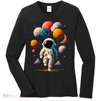 Astronaut holding Planet Balloons Solar System space Women's Long Sleeve Shirt thumb 0