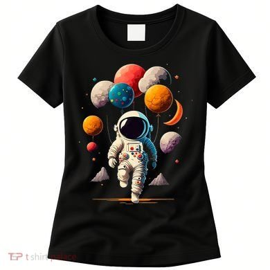Astronaut holding Planet Balloons Solar System space Women's T-Shirt