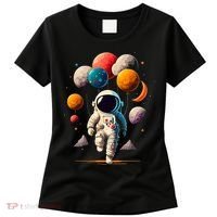 Astronaut holding Planet Balloons Solar System space Women's T-Shirt thumb 0
