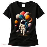 Astronaut holding Planet Balloons Solar System space Women's T-Shirt thumb 0