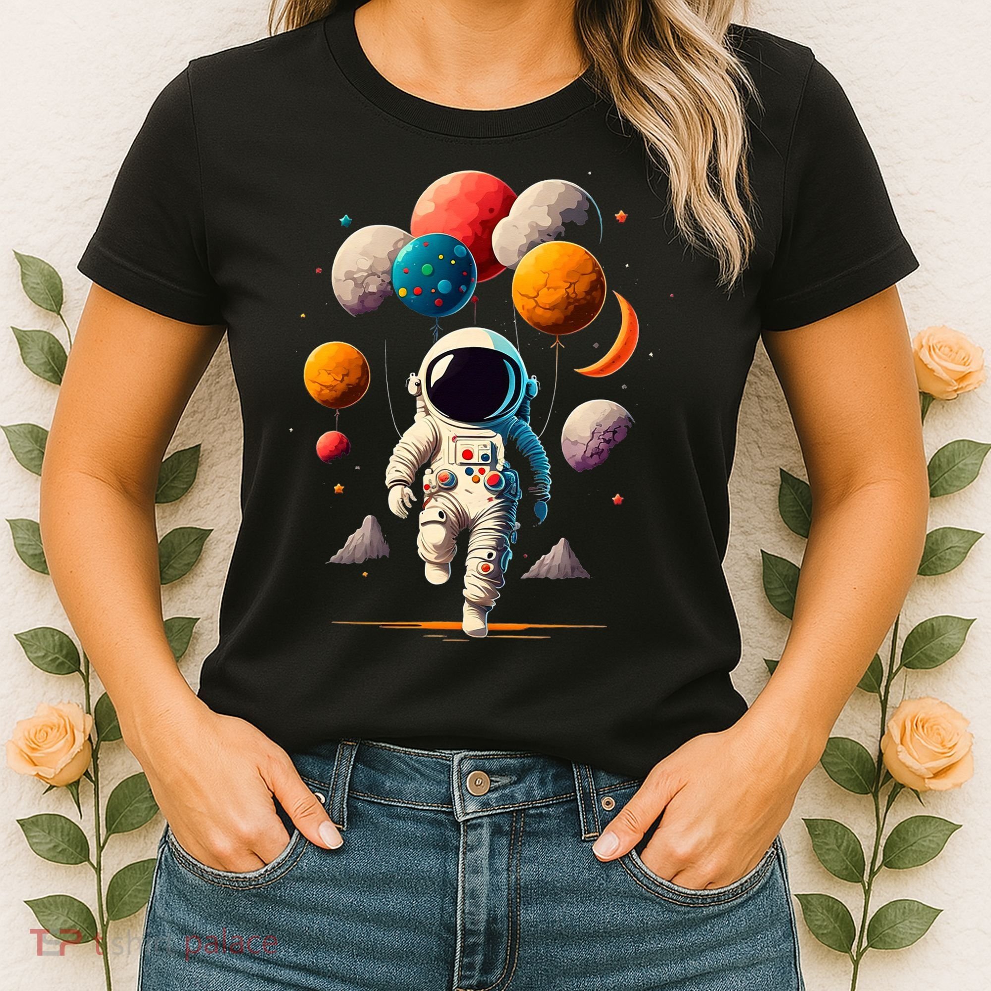 Astronaut holding Planet Balloons Solar System space Women's T-Shirt