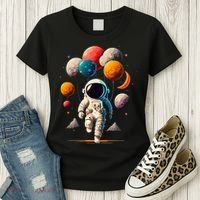 Astronaut holding Planet Balloons Solar System space Women's T-Shirt thumb 3