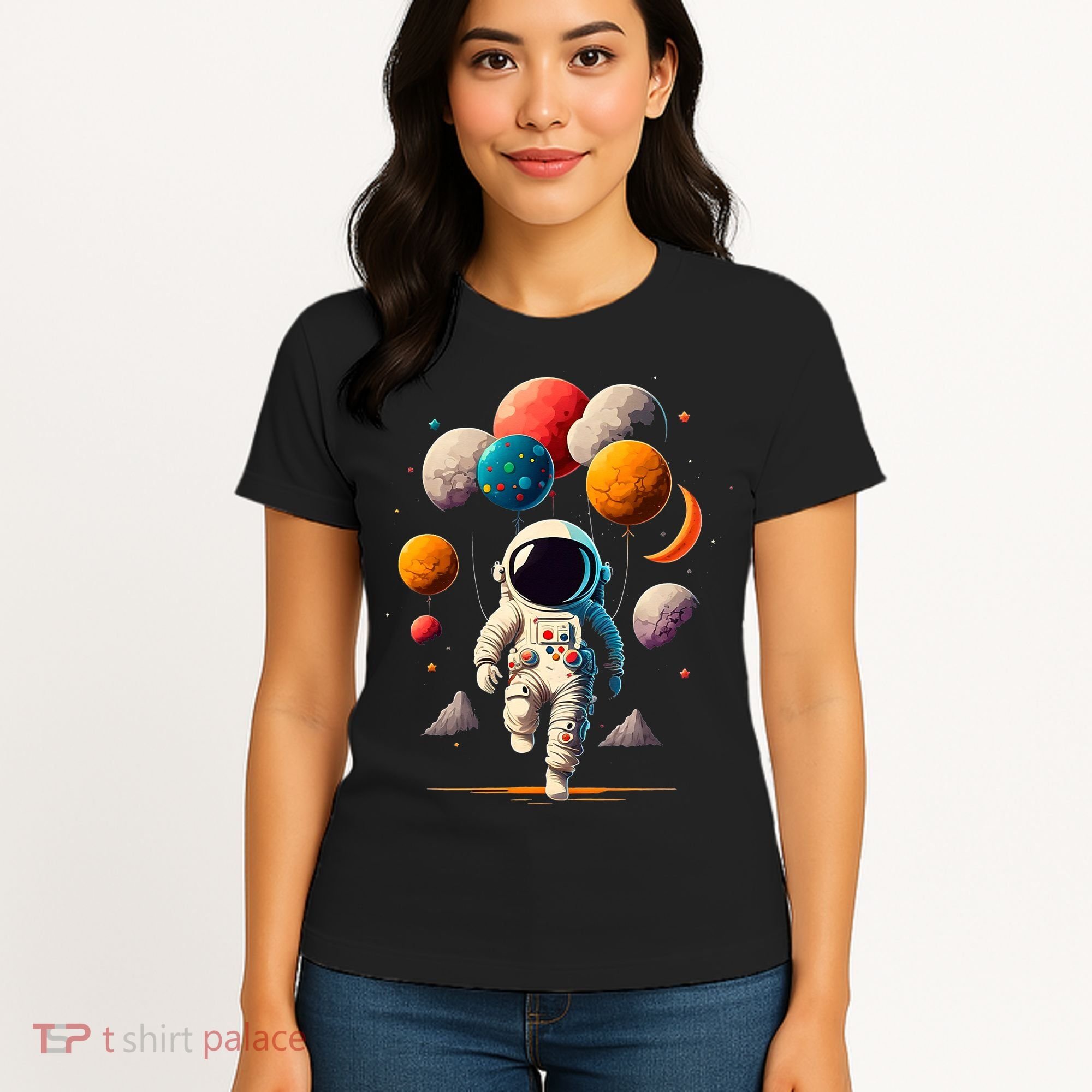 Astronaut holding Planet Balloons Solar System space Women's T-Shirt