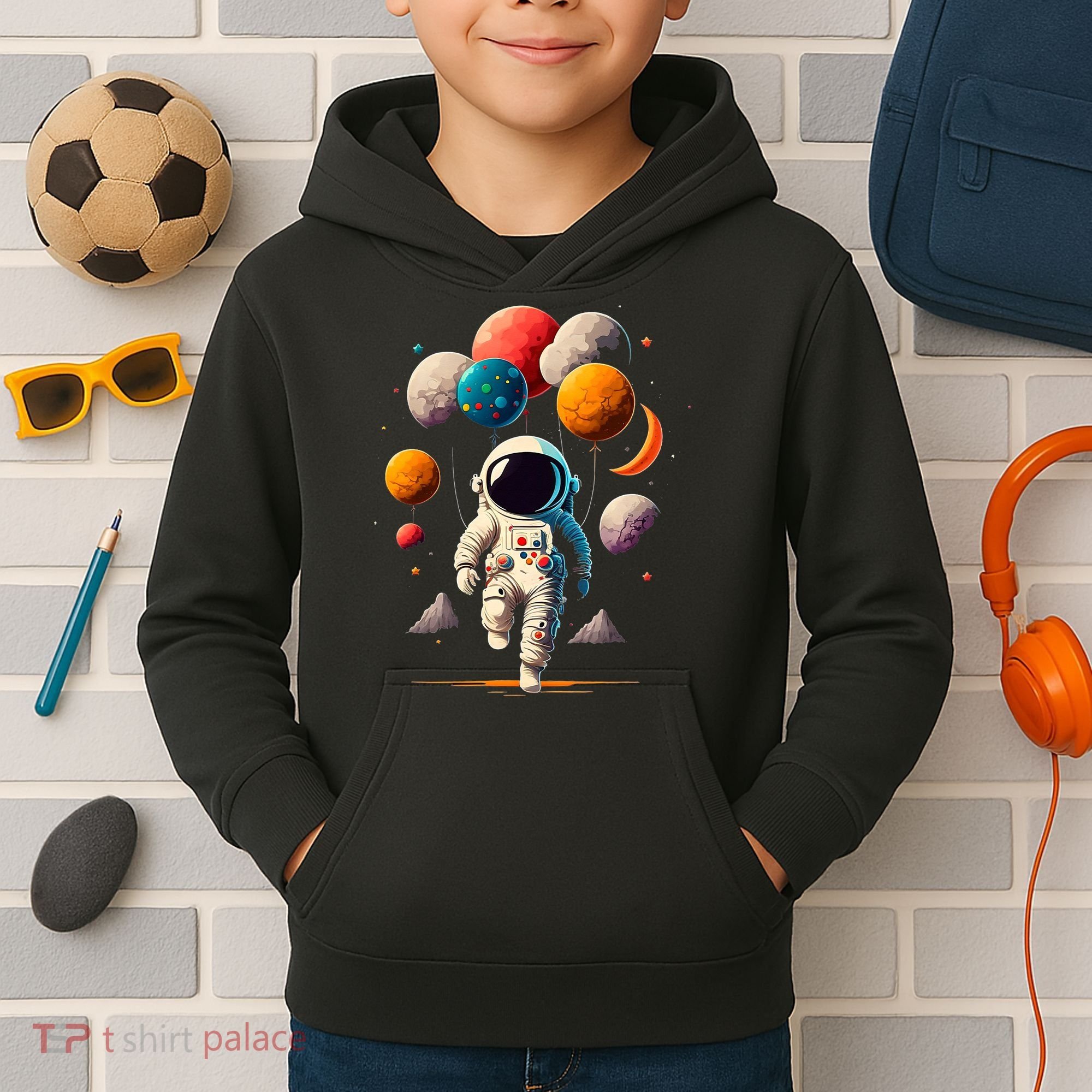 Astronaut holding Planet Balloons Solar System space Kids Hoodie