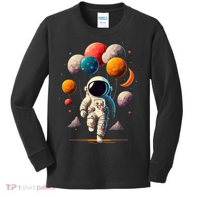 Astronaut holding Planet Balloons Solar System space Kids Long Sleeve Shirt