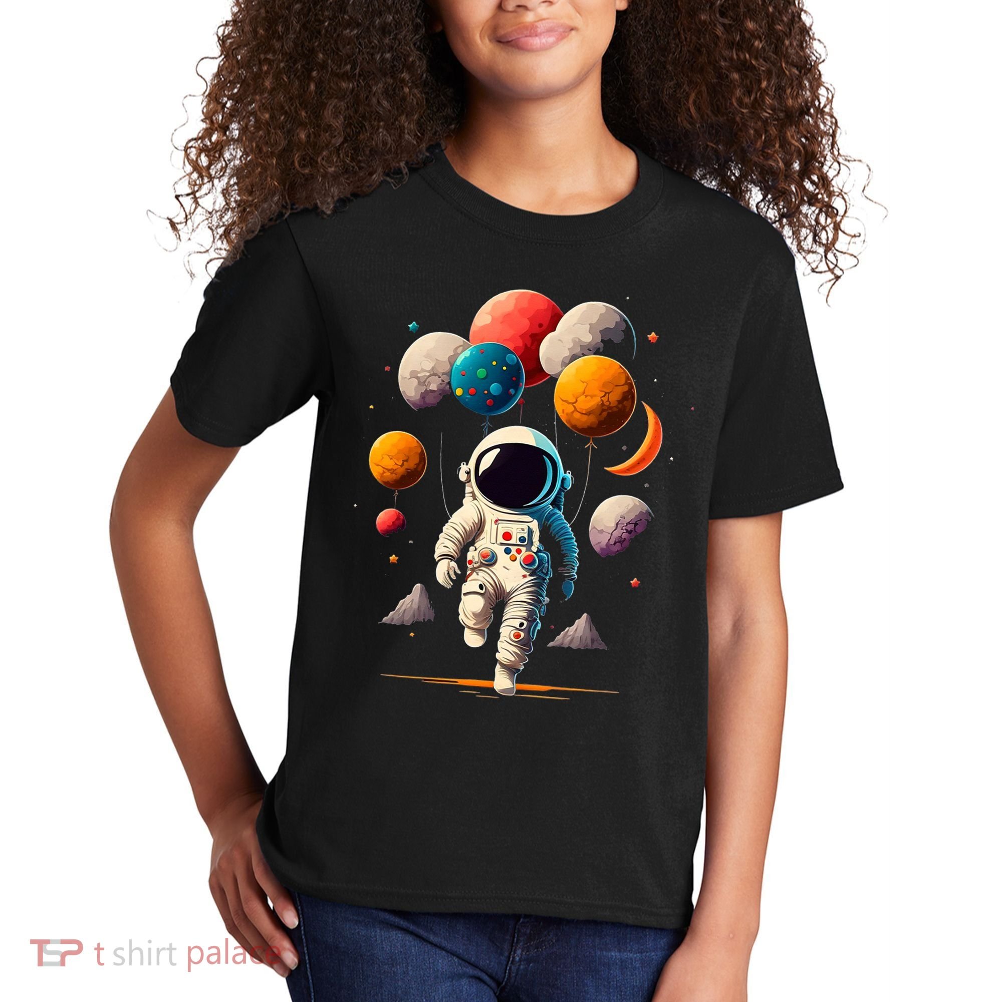 Astronaut holding Planet Balloons Solar System space Kids T-Shirt